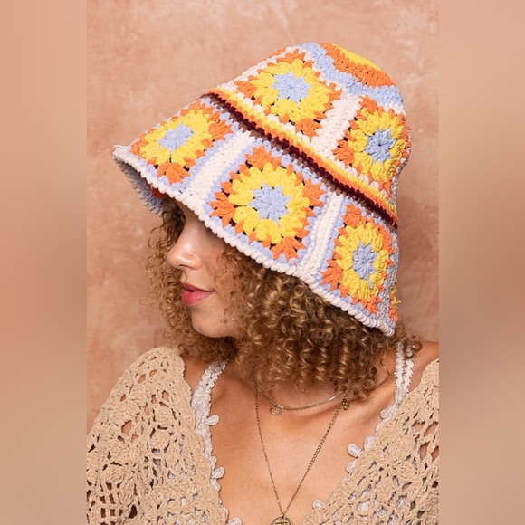 POL Accessories - Crochet Granny Square Chenille Bucket Hat - POL